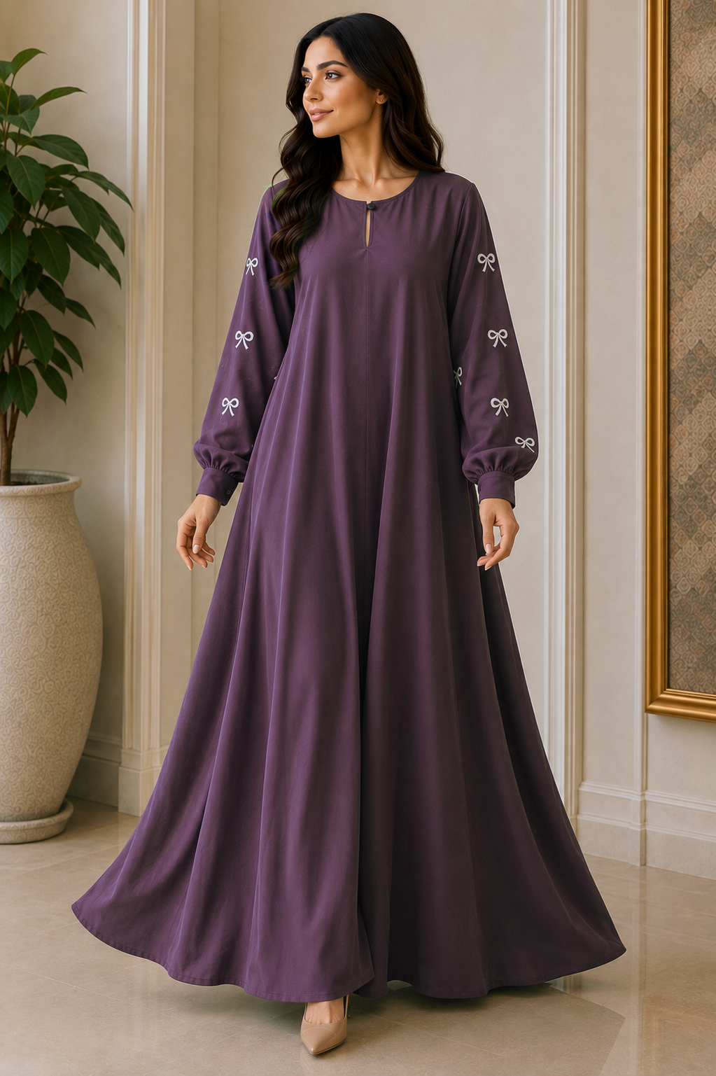 AARUH Elegant Bow Embroidered A-Line Maxi Dress | Full Sleeve Modest Dress