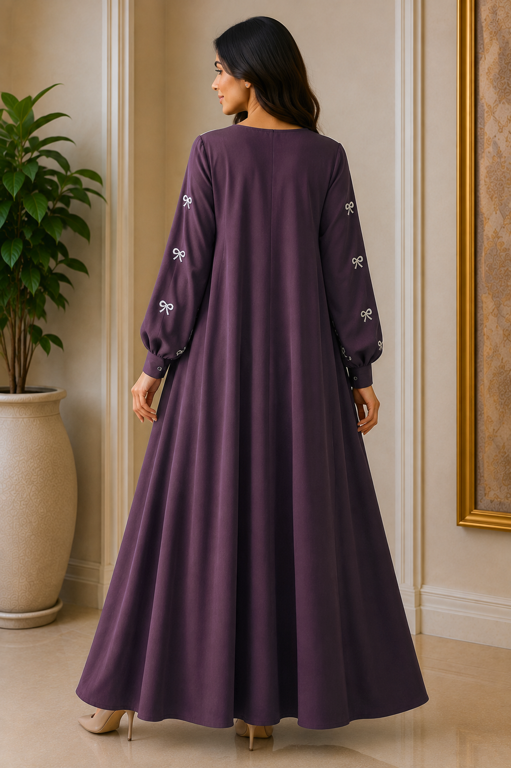 AARUH Elegant Bow Embroidered A-Line Maxi Dress | Full Sleeve Modest Dress
