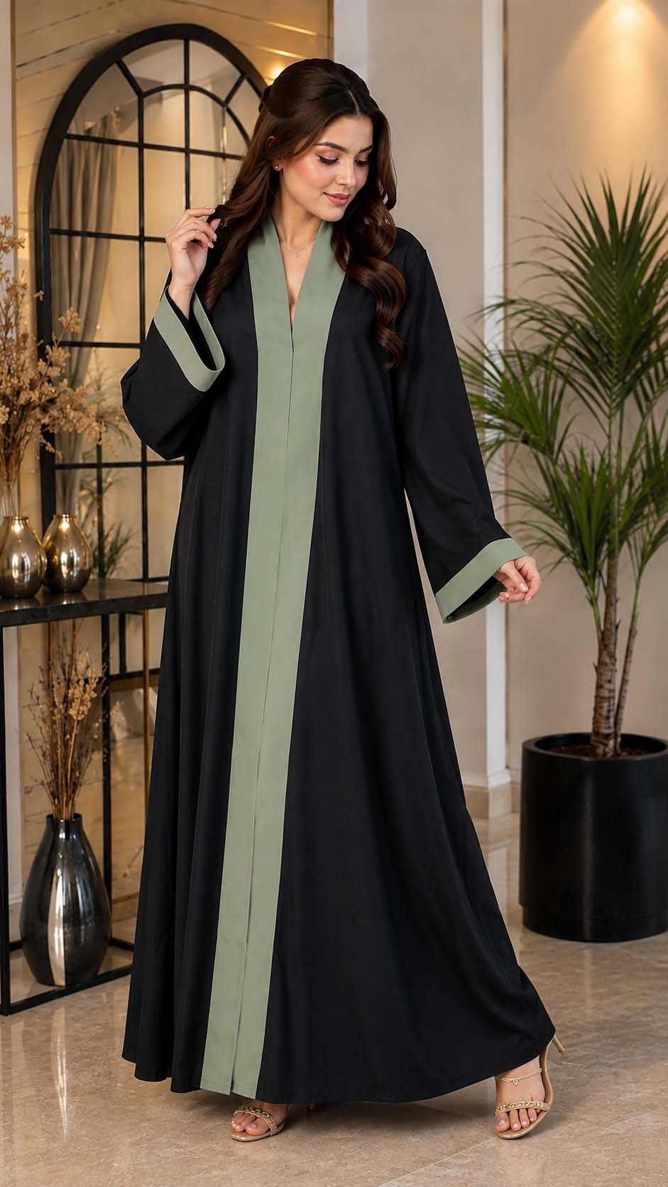 Black & Olive Panelled Abaya Timeless Style with a Modern Touch