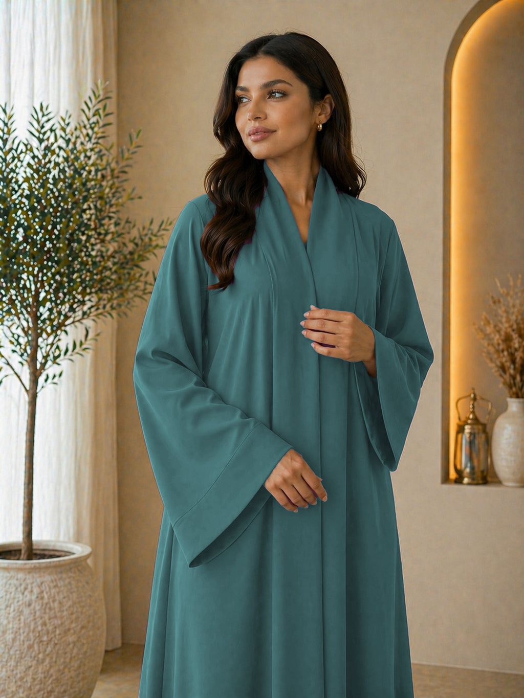 KIMONO TEAL – Premium Teal Kimono Style Abaya | V Neck | Without Hijab | Free Size | AARUH