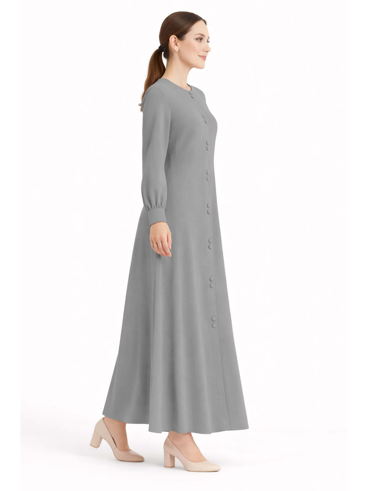 LINA STEEL GREY – Premium Steel Grey Button Front Abaya | Round Neck | Without Hijab | Free Size | AARUH