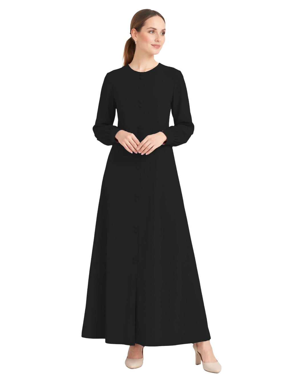 LINA BLACK – Premium Black Button Front Abaya | Round Neck | Without Hijab | Free Size | AARUH