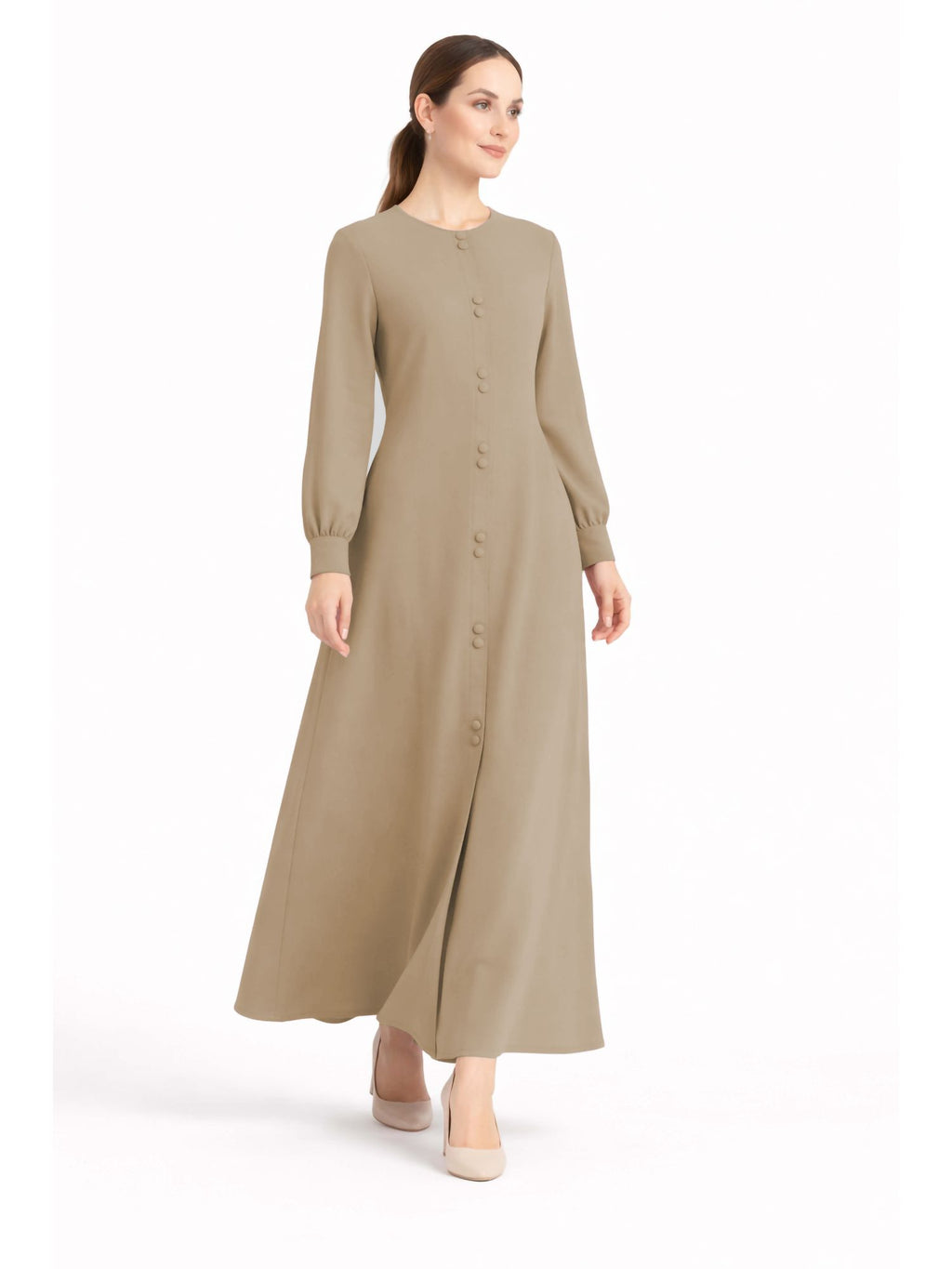 LINA BROWN – Premium Brown Button Front Abaya | Round Neck | Without Hijab | Free Size | AARUH