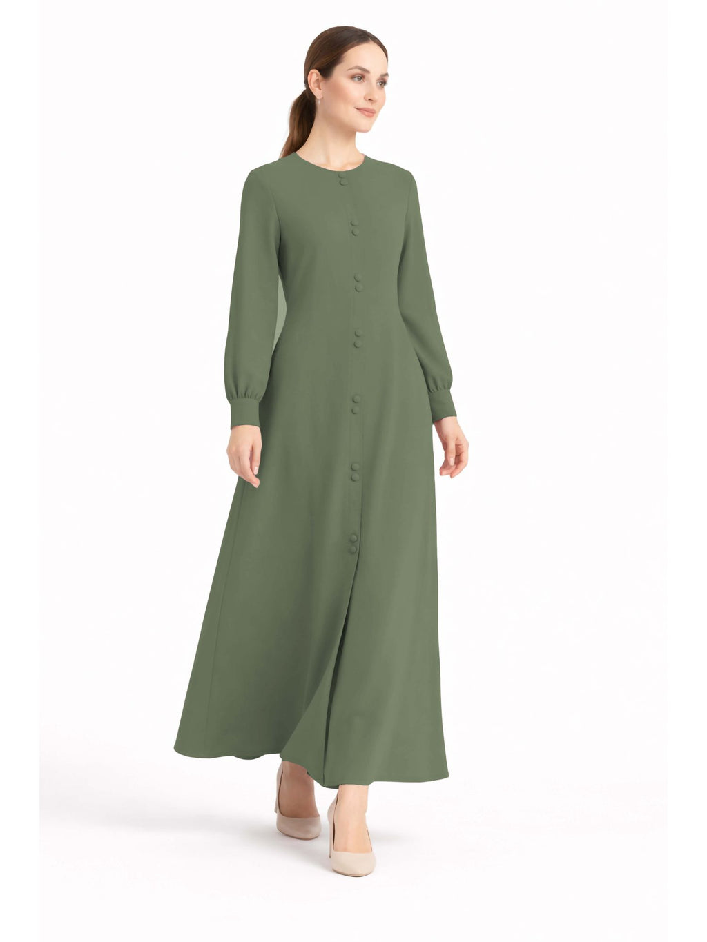 LINA GREEN – Premium Green Button Front Abaya | Round Neck | Without Hijab | Free Size | AARUH