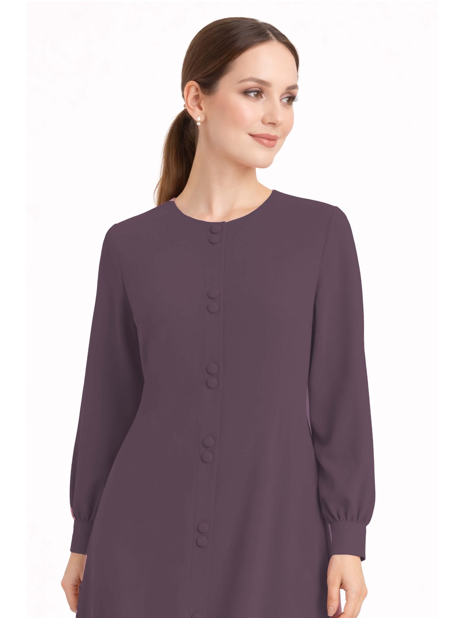 LINA DARK PURPLE – Premium Dark Purple Button Front Abaya | Round Neck | Without Hijab | Free Size | AARUH