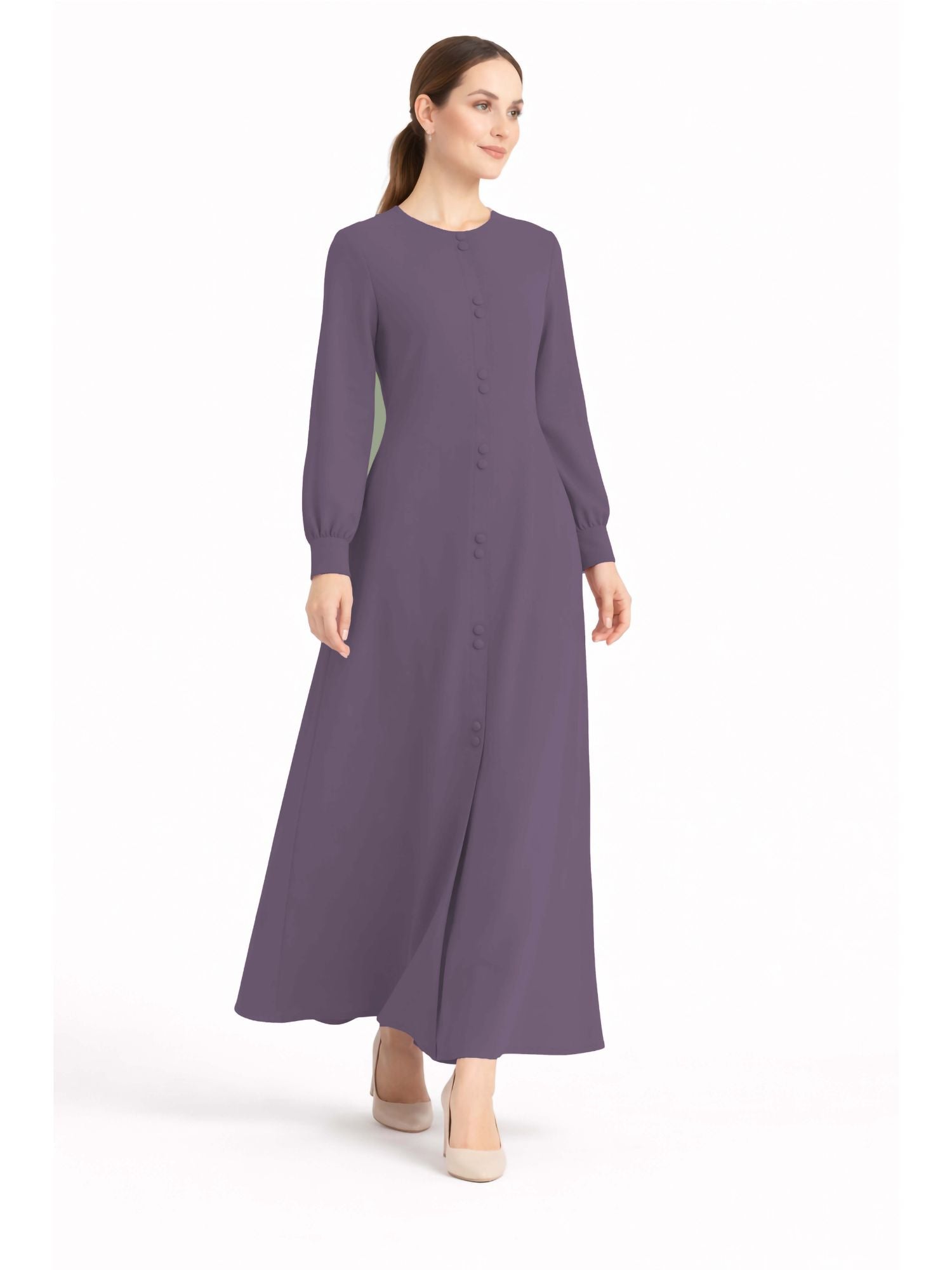 LINA LAVENDER – Premium Lavender Button Front Abaya | Round Neck | Without Hijab | Free Size | AARUH