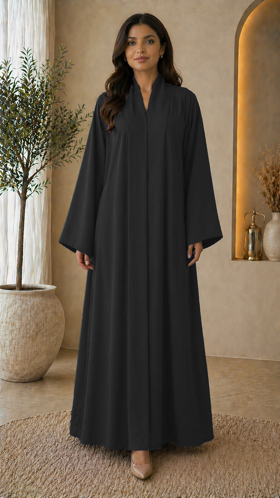 KIMONO BLACK – Premium Black Kimono Style Abaya | V Neck | Without Hijab | Free Size | AARUH