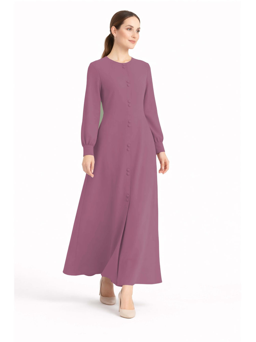 LINA PINK – Premium Pink Button Front Abaya | Round Neck | Without Hijab | Free Size | AARUH