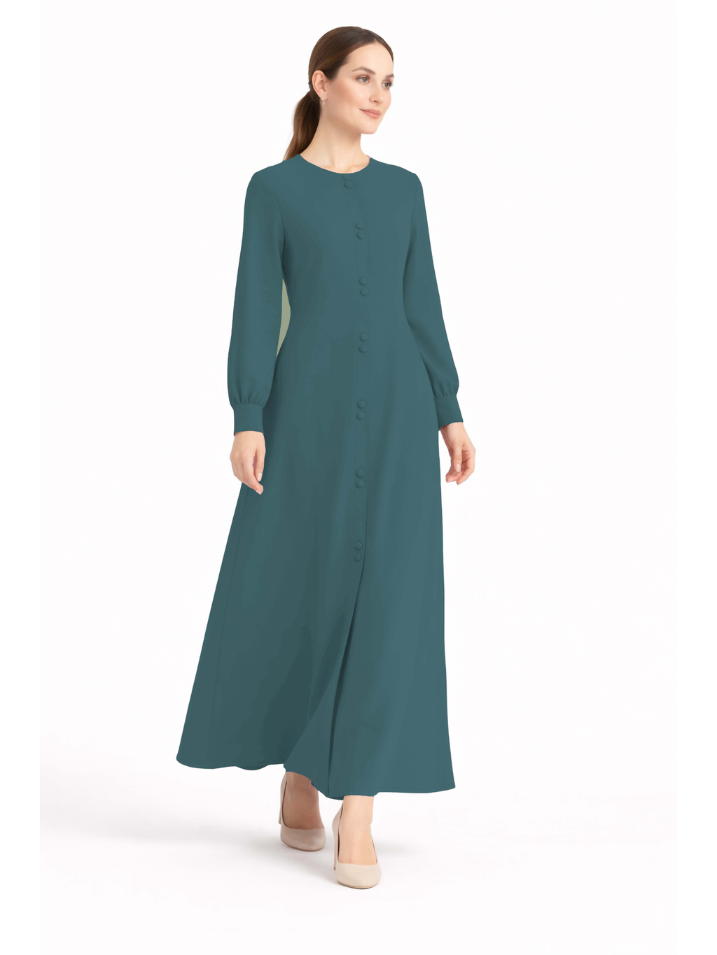 LINA TEAL – Premium Teal Button Front Abaya | Round Neck | Without Hijab | Free Size | AARUH