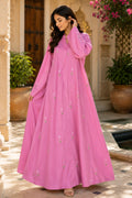 AARUH Pink Floral Embroidered Abaya for Women | Elegant Flared Full-Length Modest Dress | V-Neck womenWear
