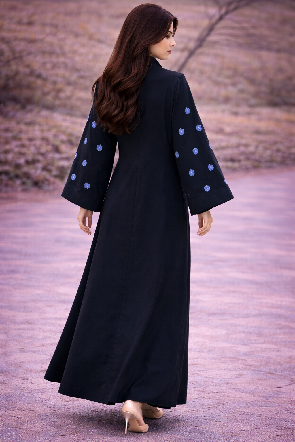 KIMONO BLACK PETAL – Premium Embroidered Kimono Style Abaya | V Neck | Without Hijab | Free Size | AARUH