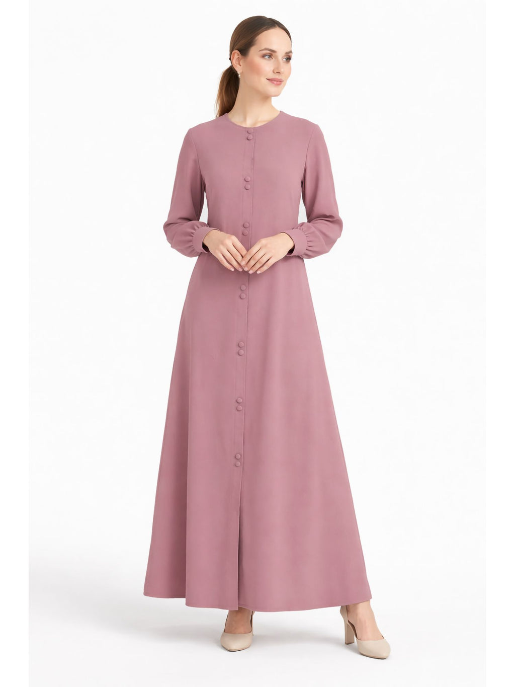 LINA BABY PINK – Premium Baby Pink Button Front Abaya | Round Neck | Without Hijab | Free Size | AARUH
