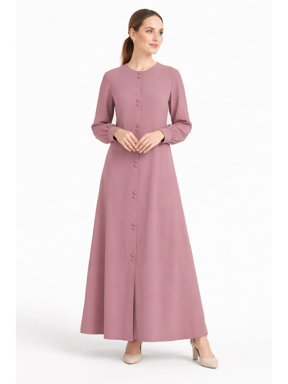 LINA BABY PINK – Premium Baby Pink Button Front Abaya | Round Neck | Without Hijab | Free Size | AARUH