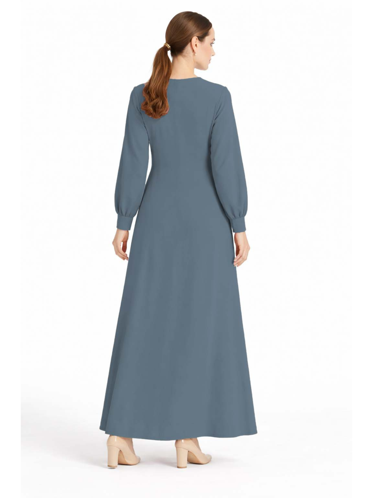 LINA BLUISH GREY – Premium Bluish Grey Button Front Abaya | Round Neck | Without Hijab | Free Size | AARUH