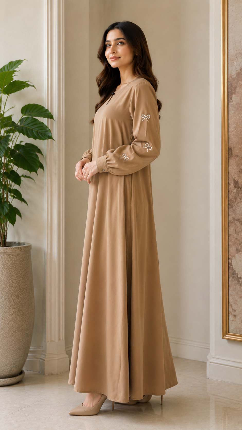 Elegant A-Line Maxi Dress with Bow Embroidered Sleeves