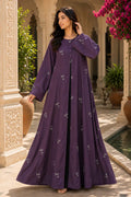 AARUH Purple Floral Embroidered Abaya for Women | Front Button Flared Abaya | Full-Length Modest Islamic Dress