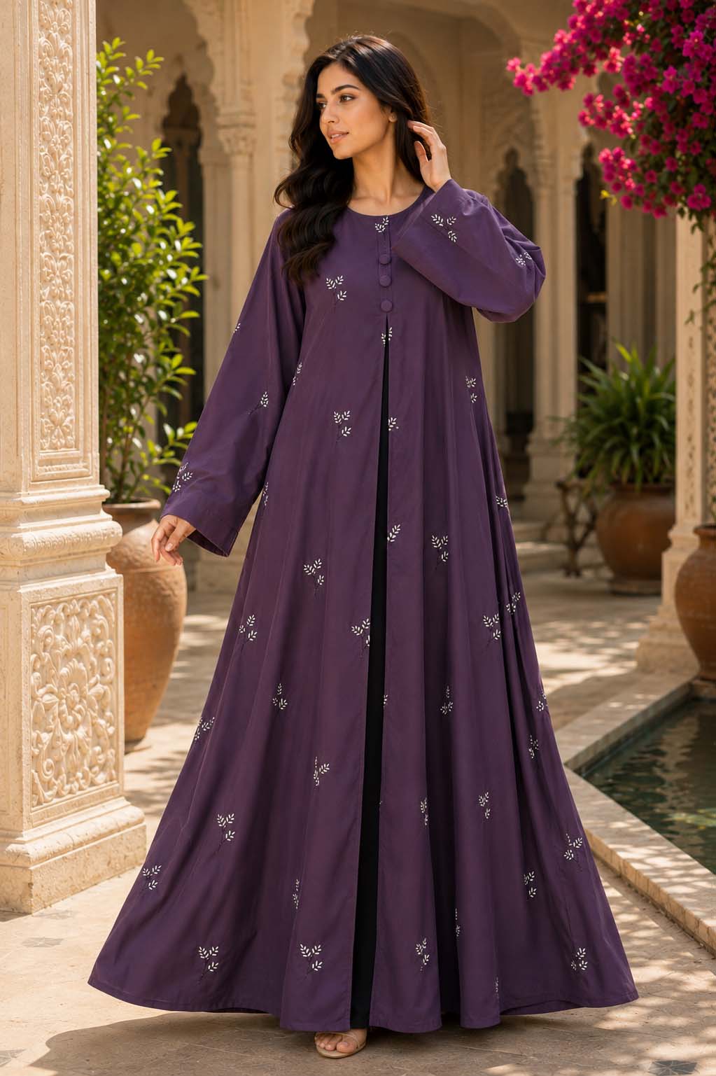 AARUH Purple Floral Embroidered Abaya for Women | Front Button Flared Abaya | Full-Length Modest Islamic Dress