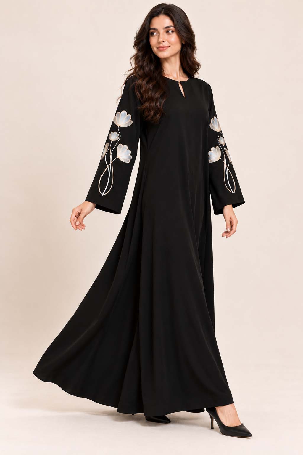 AARUH Black Nysa Embroidered Sleeve Abaya with Keyhole Neck & Flared Fit