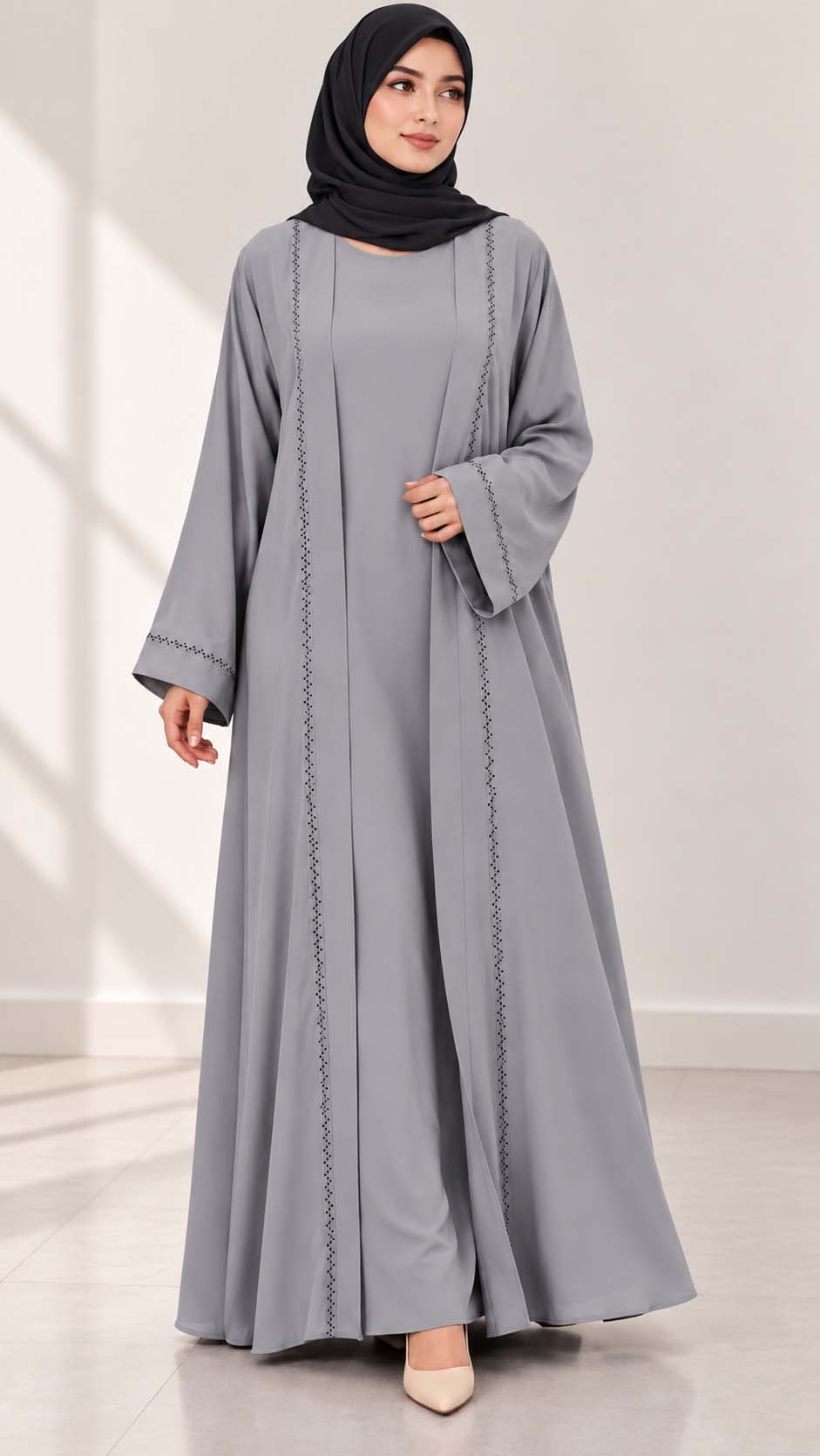 AARUH Grey Stone Work Abaya for Women | Elegant Full-Length Flared Abaya | Premium Front & Sleeve Stone Detailing