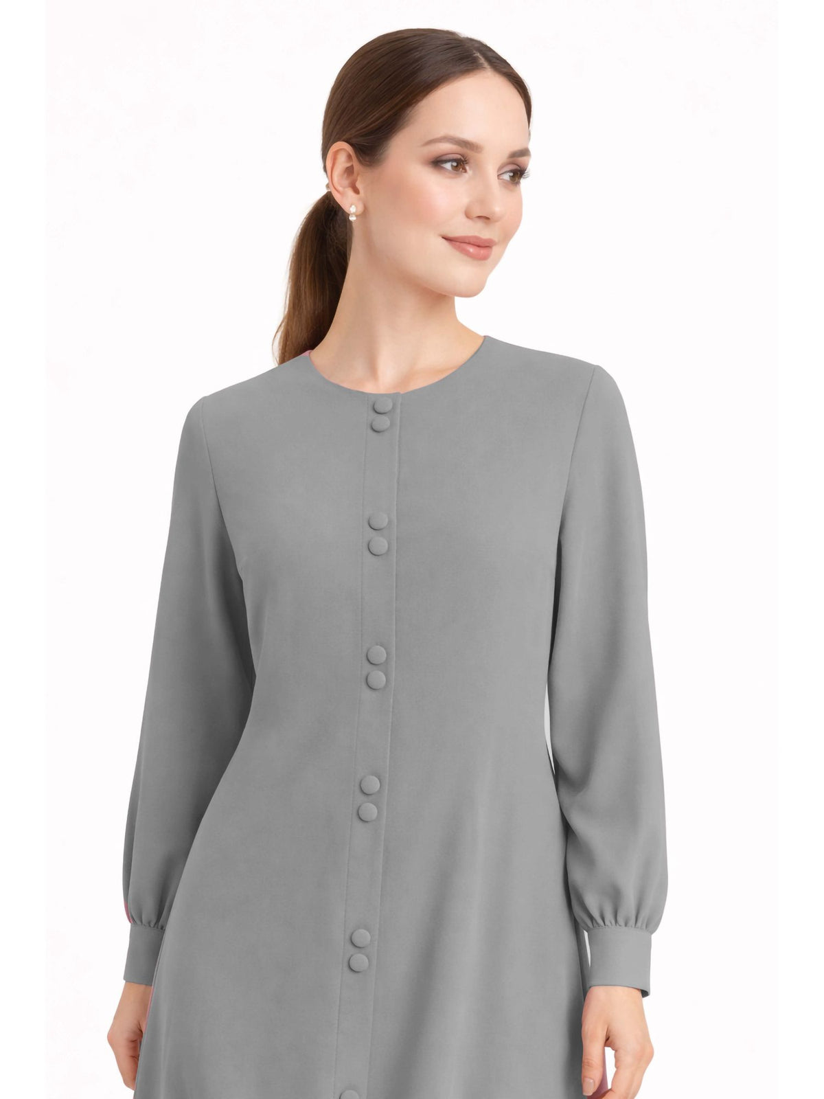 LINA STEEL GREY – Premium Steel Grey Button Front Abaya | Round Neck | Without Hijab | Free Size | AARUH