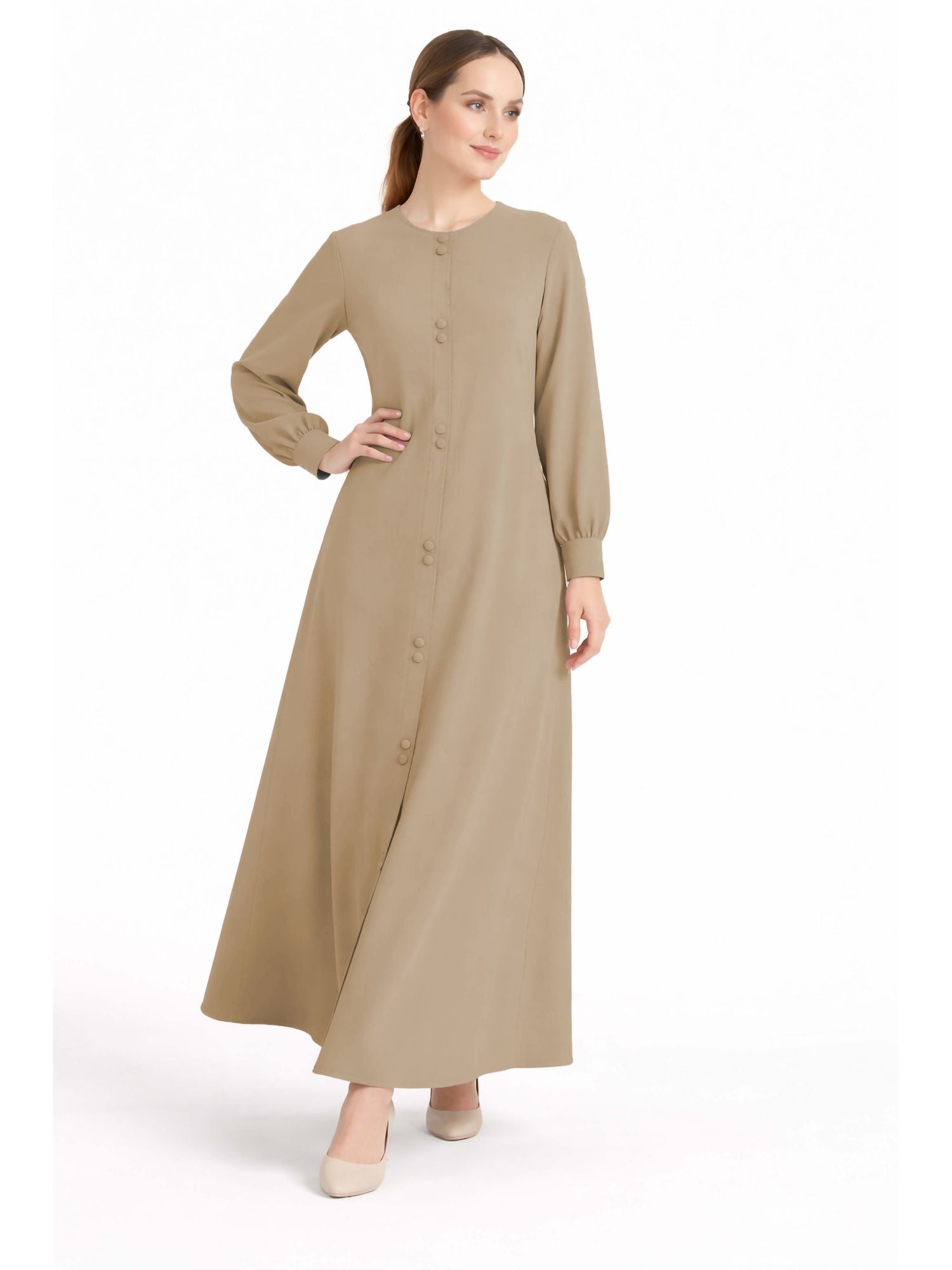 LINA BROWN – Premium Brown Button Front Abaya | Round Neck | Without Hijab | Free Size | AARUH