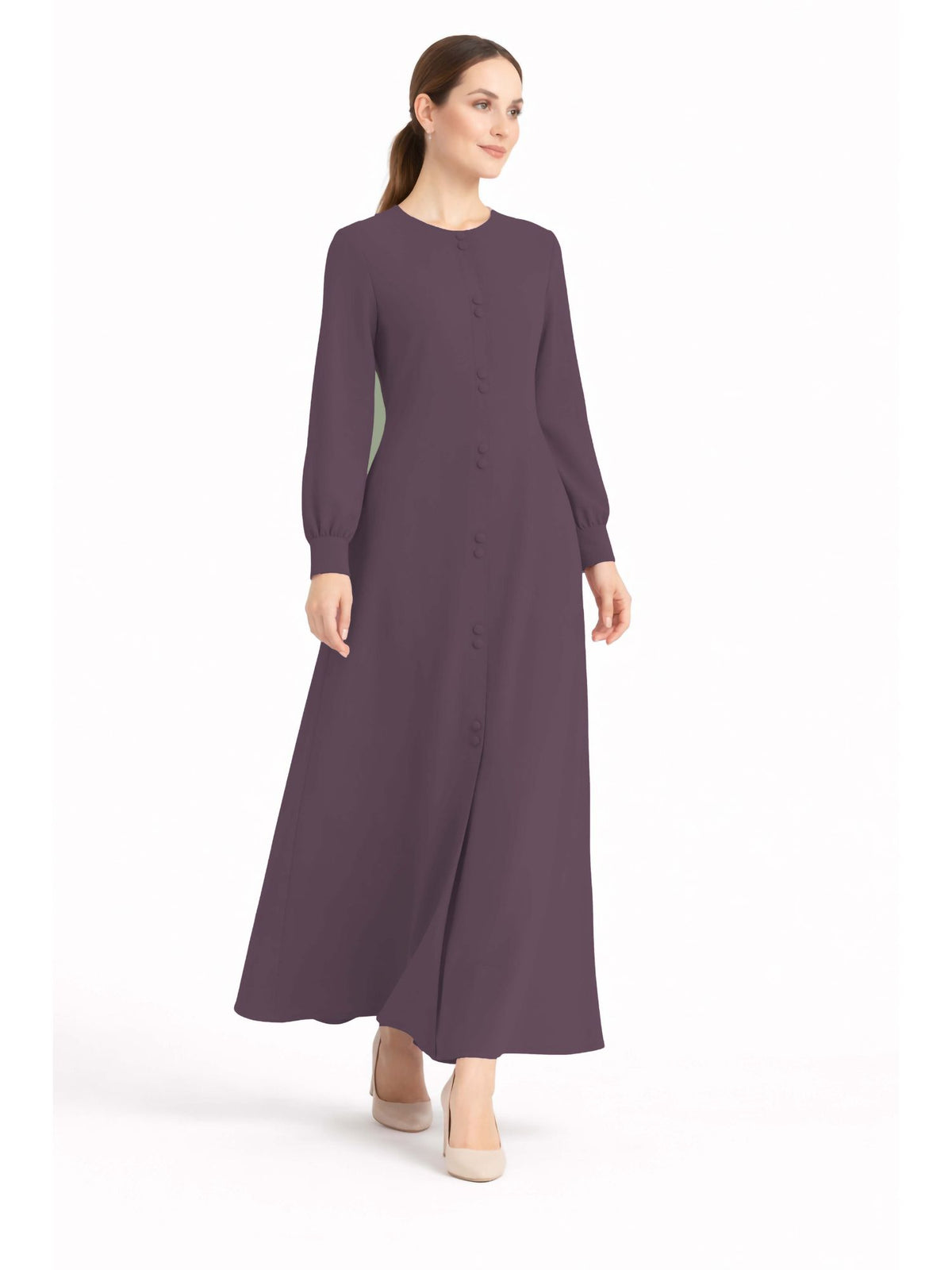 LINA DARK PURPLE – Premium Dark Purple Button Front Abaya | Round Neck | Without Hijab | Free Size | AARUH
