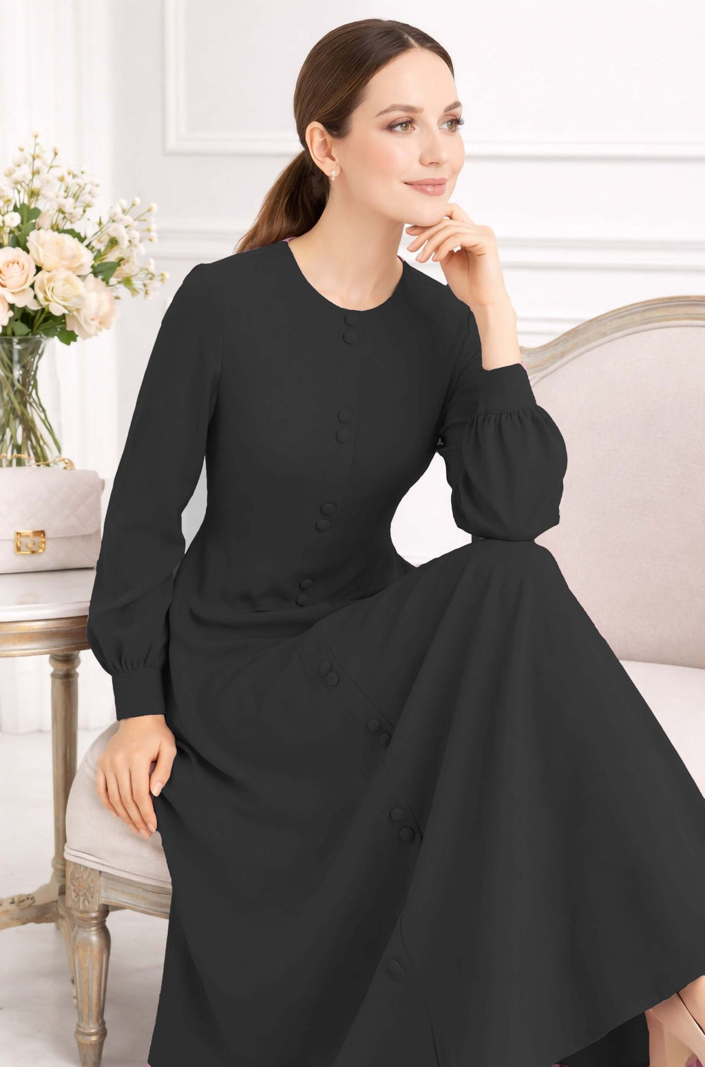 LINA BLACK – Premium Black Button Front Abaya | Round Neck | Without Hijab | Free Size | AARUH