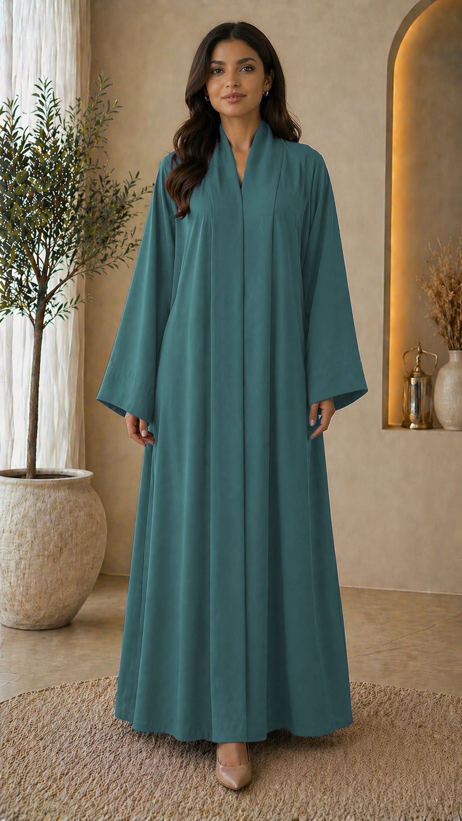 KIMONO TEAL – Premium Teal Kimono Style Abaya | V Neck | Without Hijab | Free Size | AARUH