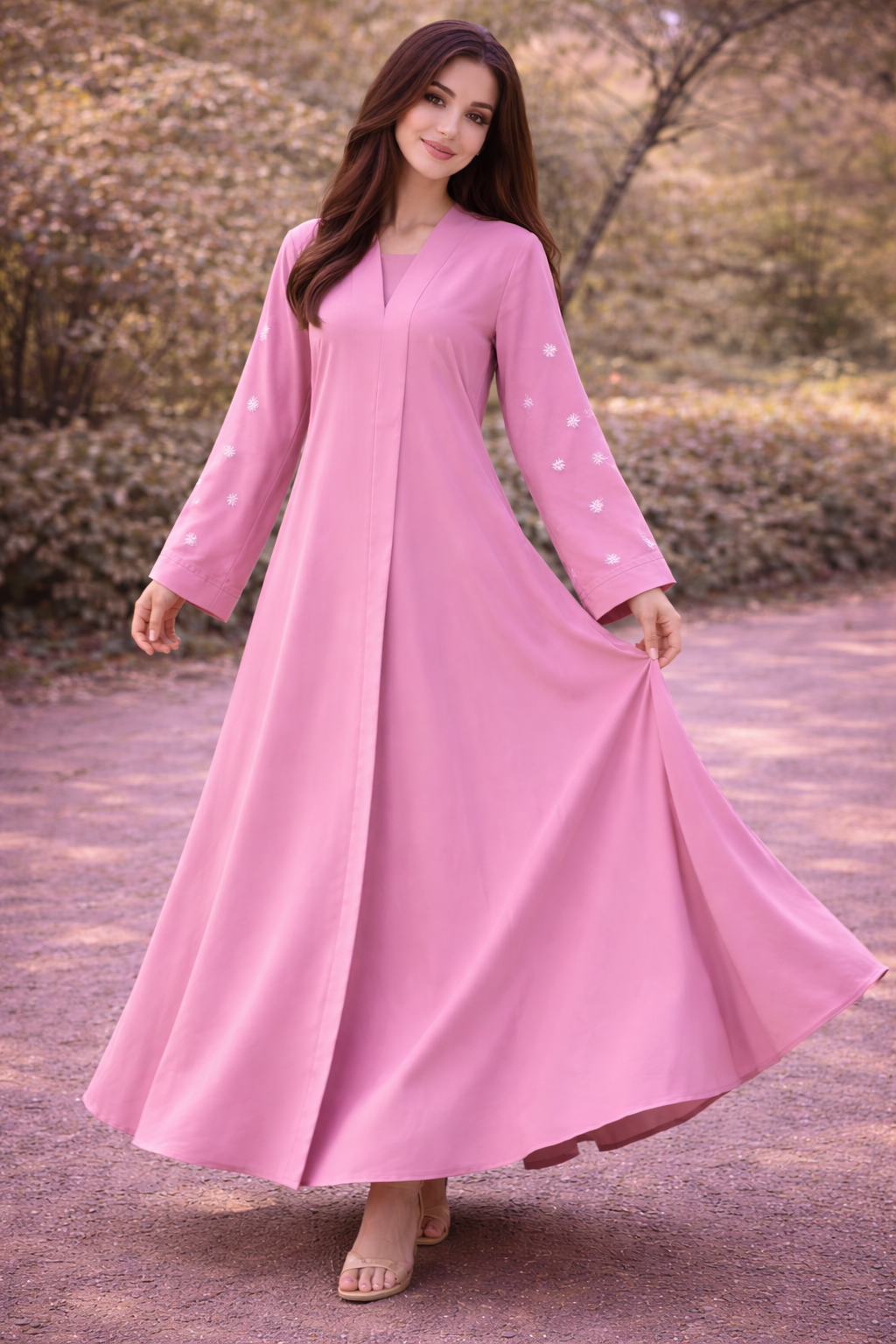 KIMONO BABY PINK PETAL – Premium Embroidered Kimono Style Abaya | V Neck | Without Hijab | Free Size | AARUH