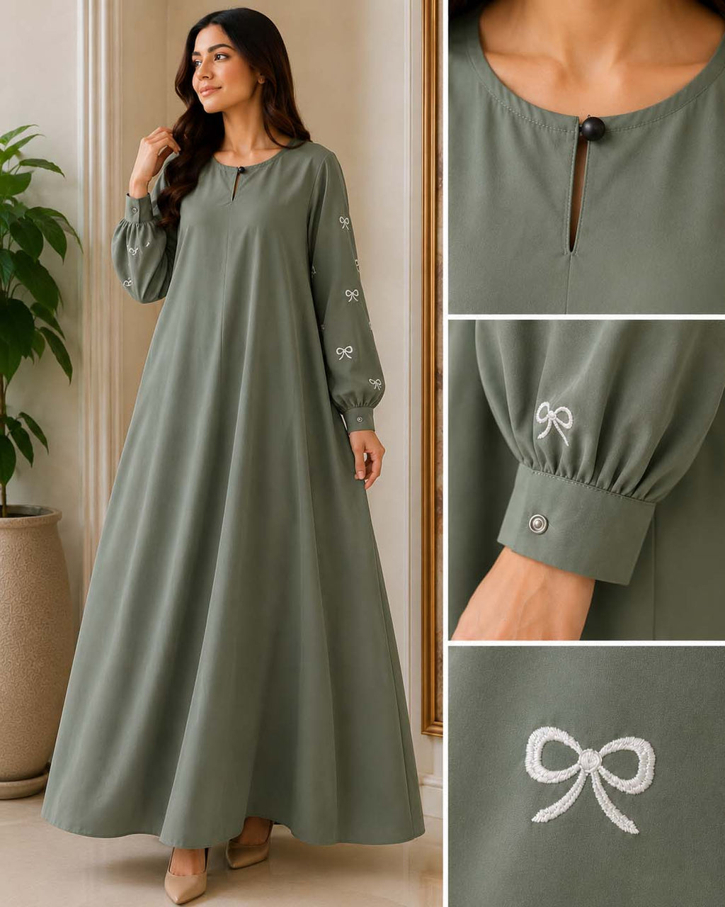 Elegant A-Line Maxi Dress with Bow Embroidered Sleeves