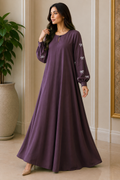 AARUH Elegant Bow Embroidered A-Line Maxi Dress | Full Sleeve Modest Dress