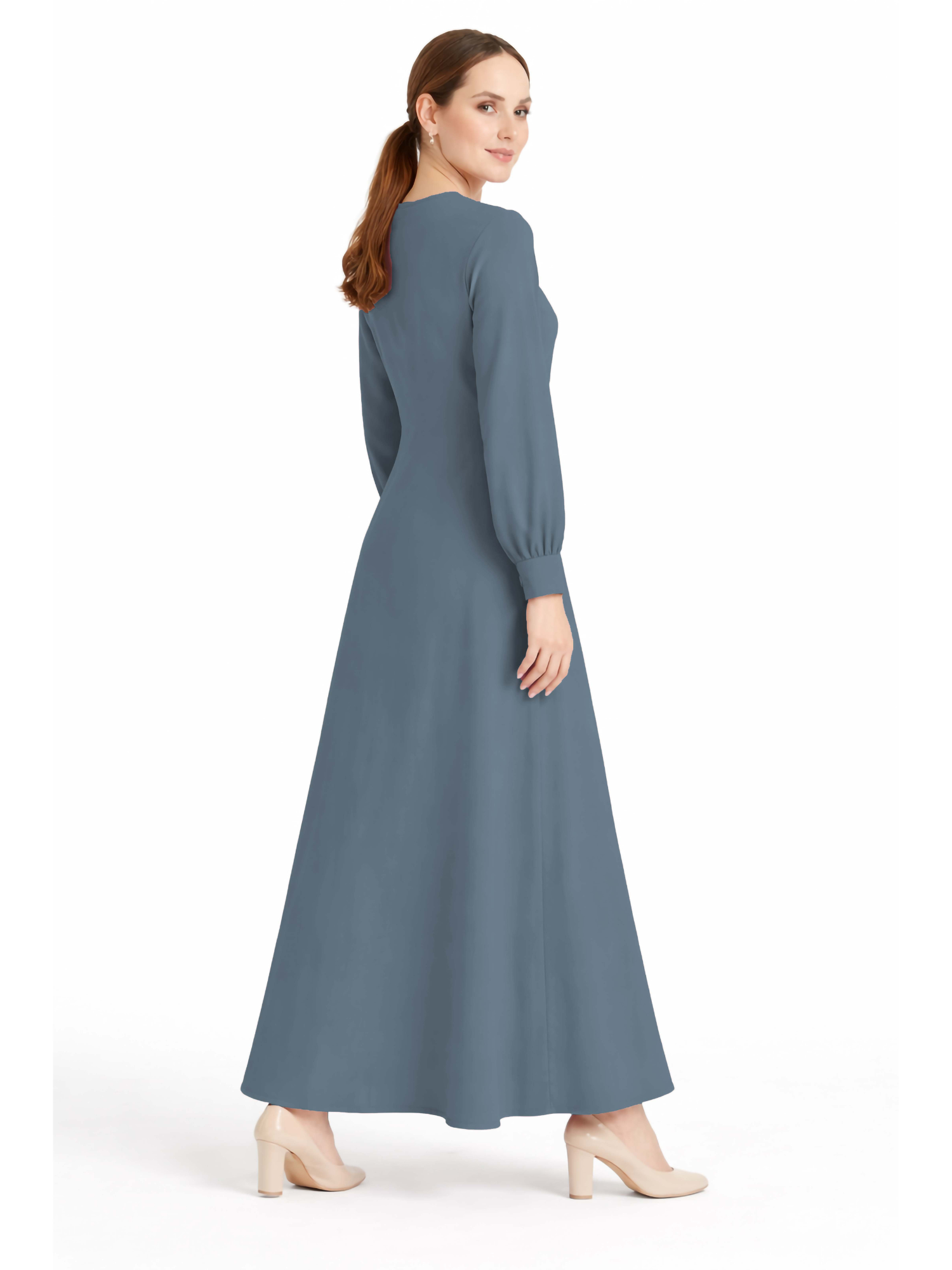 LINA BLUISH GREY – Premium Bluish Grey Button Front Abaya | Round Neck | Without Hijab | Free Size | AARUH