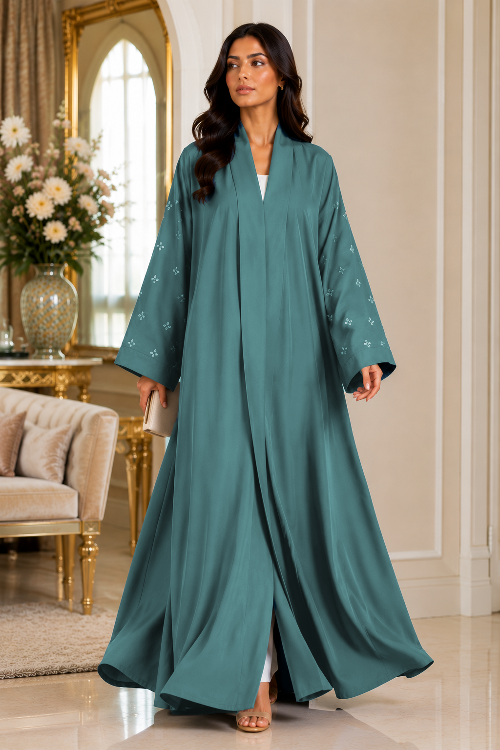 KIMONO TEAL PETAL – Premium Embroidered Kimono Style Abaya | V Neck | Without Hijab | Free Size | AARUH