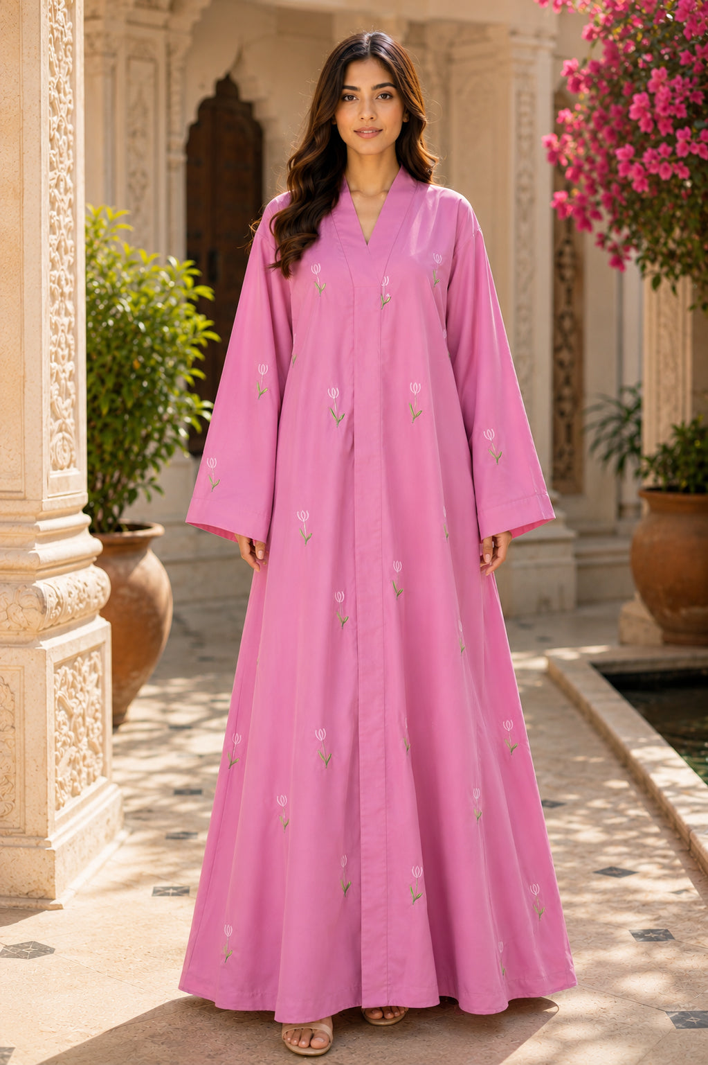 AARUH Pink Floral Embroidered Abaya for Women | Elegant Flared Full-Length Modest Dress | V-Neck womenWear