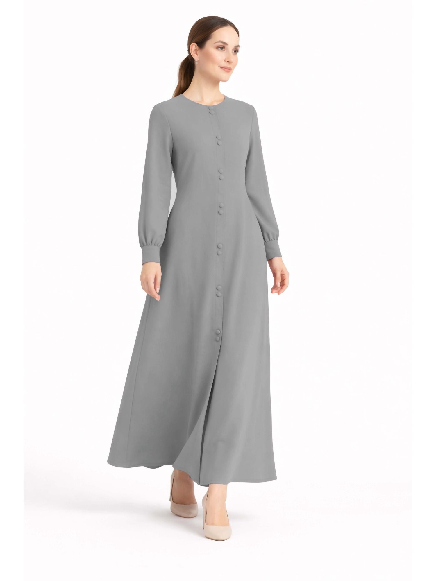 LINA STEEL GREY – Premium Steel Grey Button Front Abaya | Round Neck | Without Hijab | Free Size | AARUH