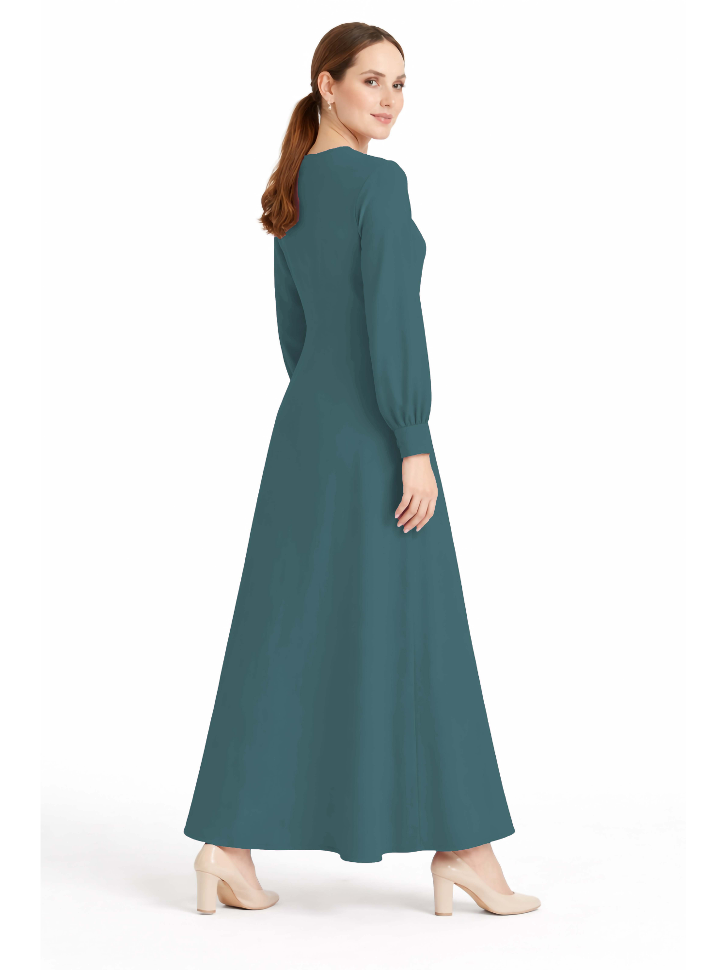 LINA TEAL – Premium Teal Button Front Abaya | Round Neck | Without Hijab | Free Size | AARUH