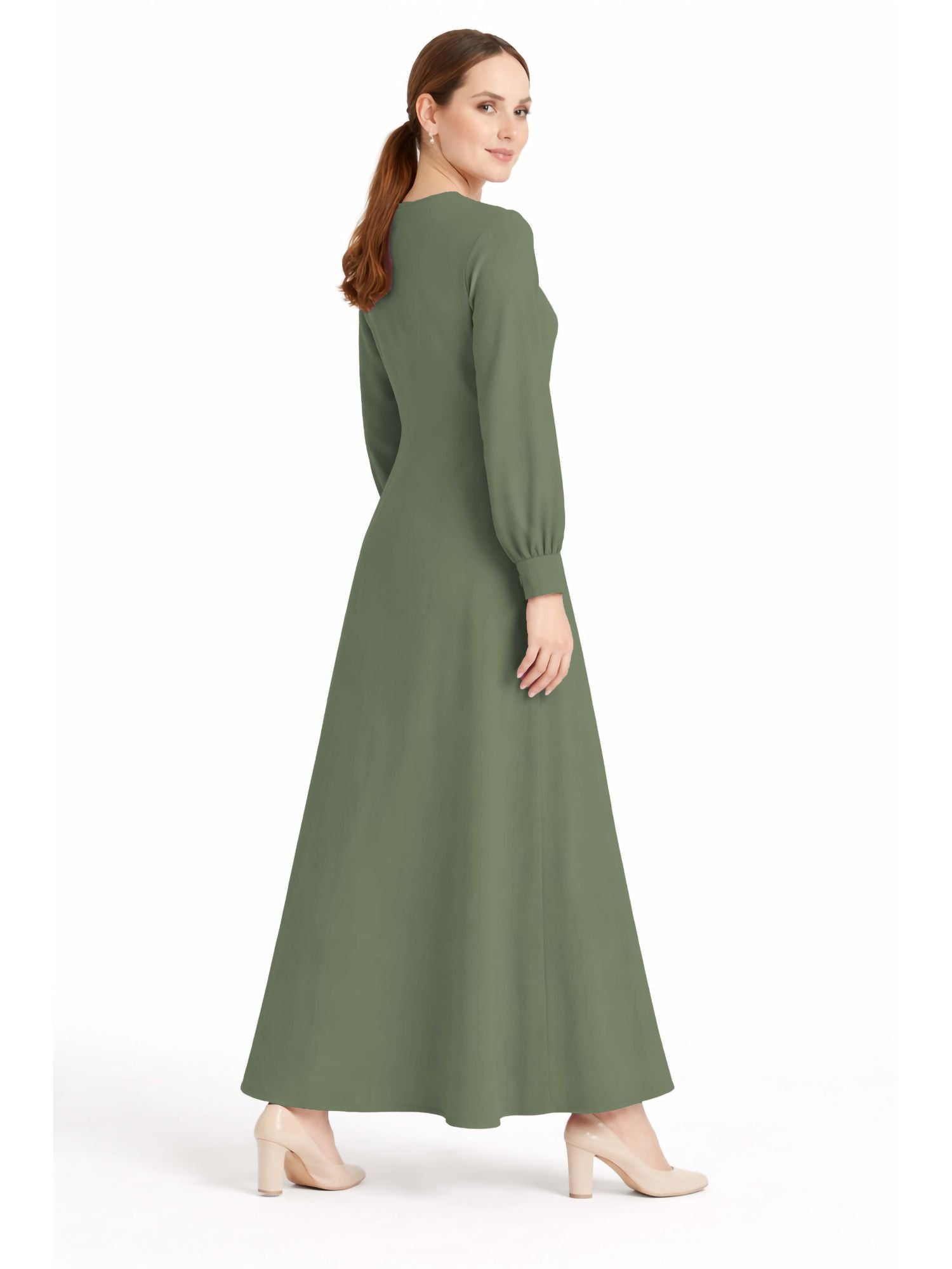 LINA GREEN – Premium Green Button Front Abaya | Round Neck | Without Hijab | Free Size | AARUH