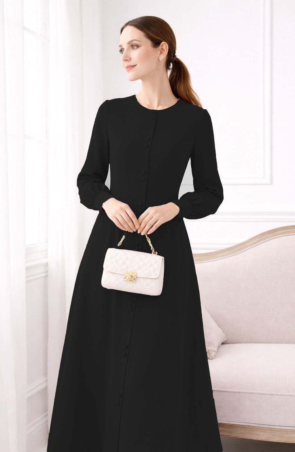 LINA BLACK – Premium Black Button Front Abaya | Round Neck | Without Hijab | Free Size | AARUH