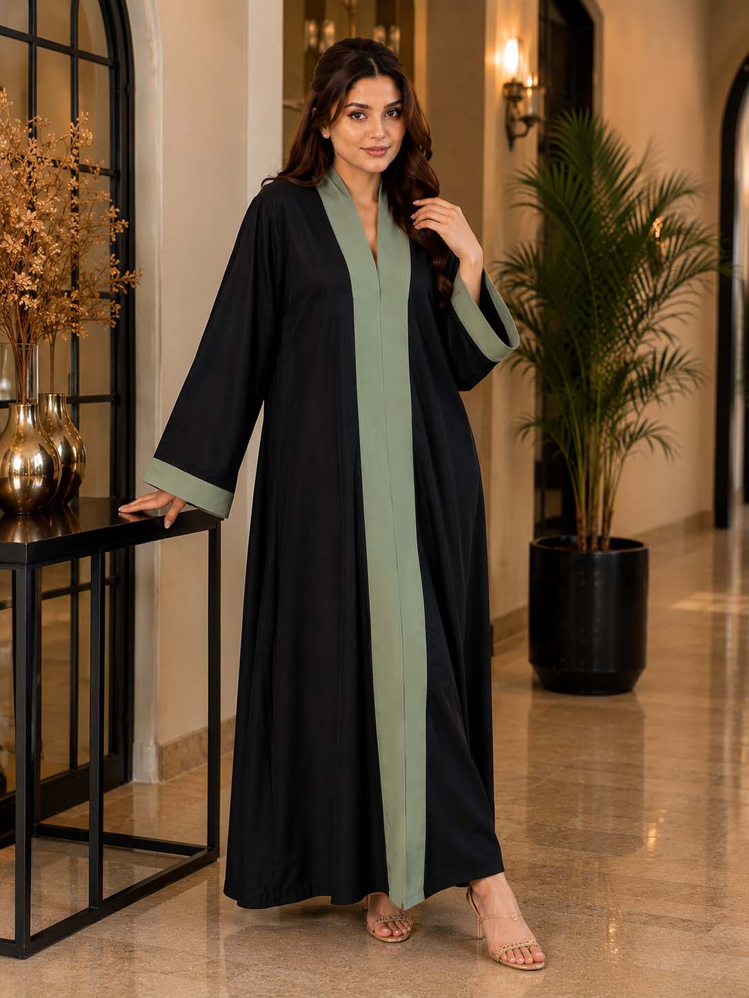 Black & Olive Panelled Abaya Timeless Style with a Modern Touch