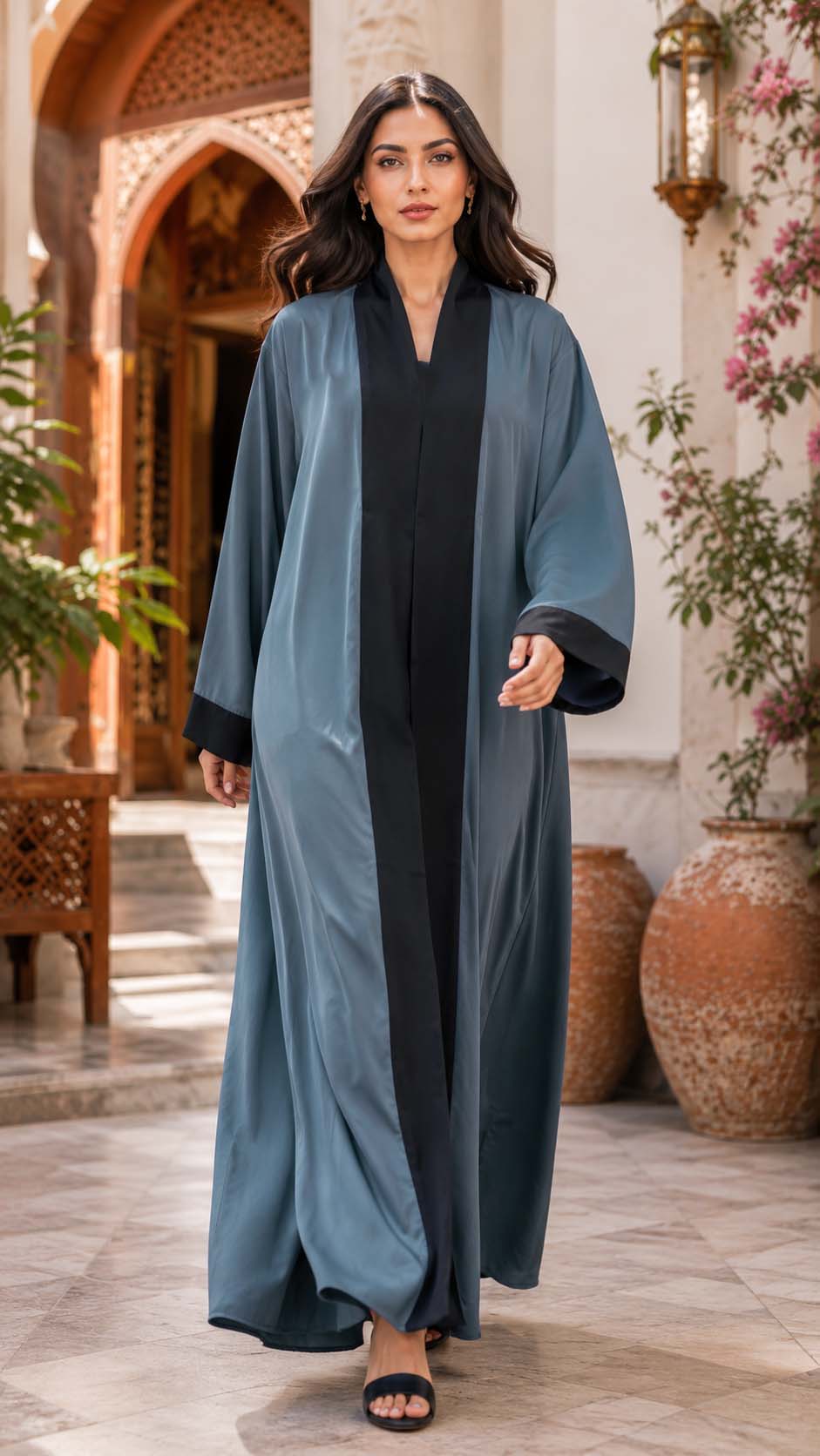 Blue Grey Contrast Open Abaya Elegant Two-Tone Modest Wear | AARUH Fashion & Fabrics