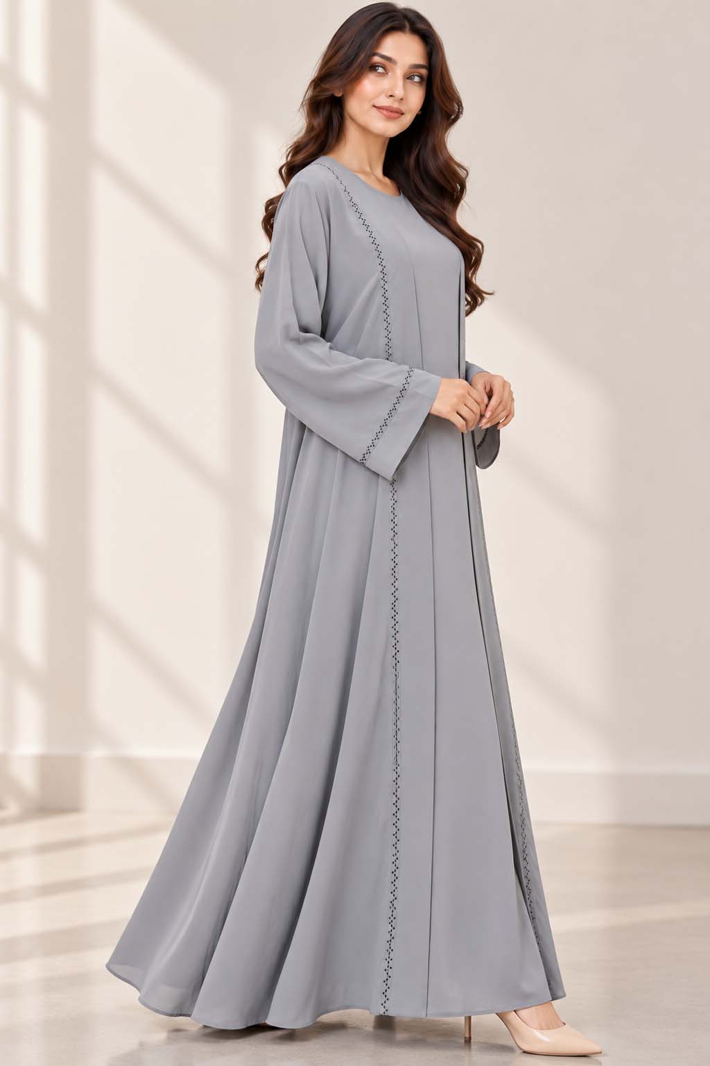 AARUH Grey Stone Work Abaya for Women | Elegant Full-Length Flared Abaya | Premium Front & Sleeve Stone Detailing