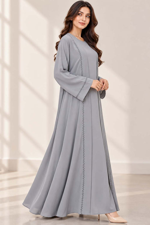 AARUH Grey Stone Work Abaya for Women | Elegant Full-Length Flared Abaya | Premium Front & Sleeve Stone Detailing