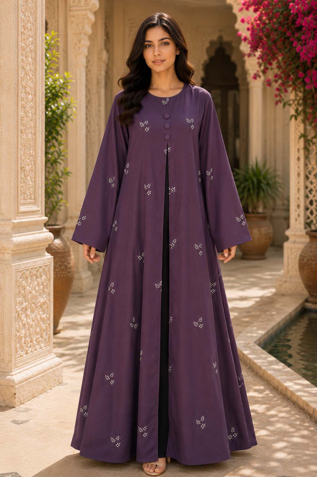 AARUH Purple Floral Embroidered Abaya for Women | Front Button Flared Abaya | Full-Length Modest Islamic Dress