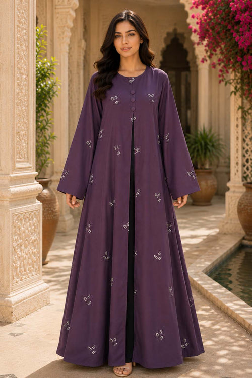 AARUH Purple Floral Embroidered Abaya for Women | Front Button Flared Abaya | Full-Length Modest Islamic Dress