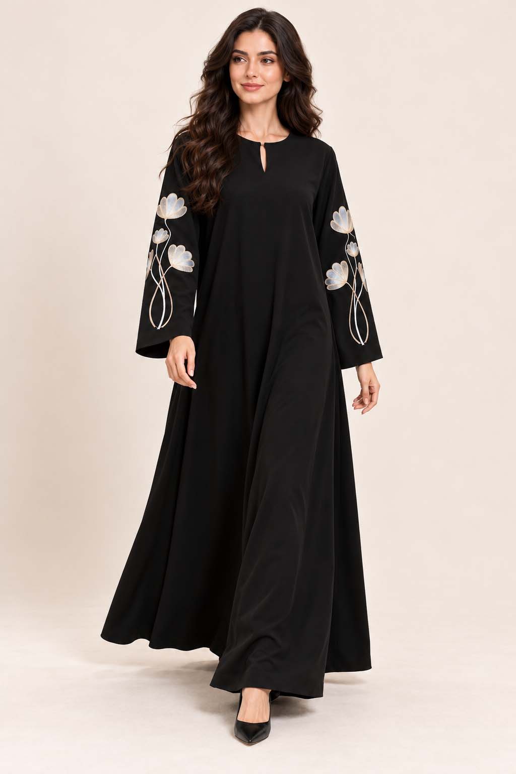 AARUH Black Nysa Embroidered Sleeve Abaya with Keyhole Neck & Flared Fit