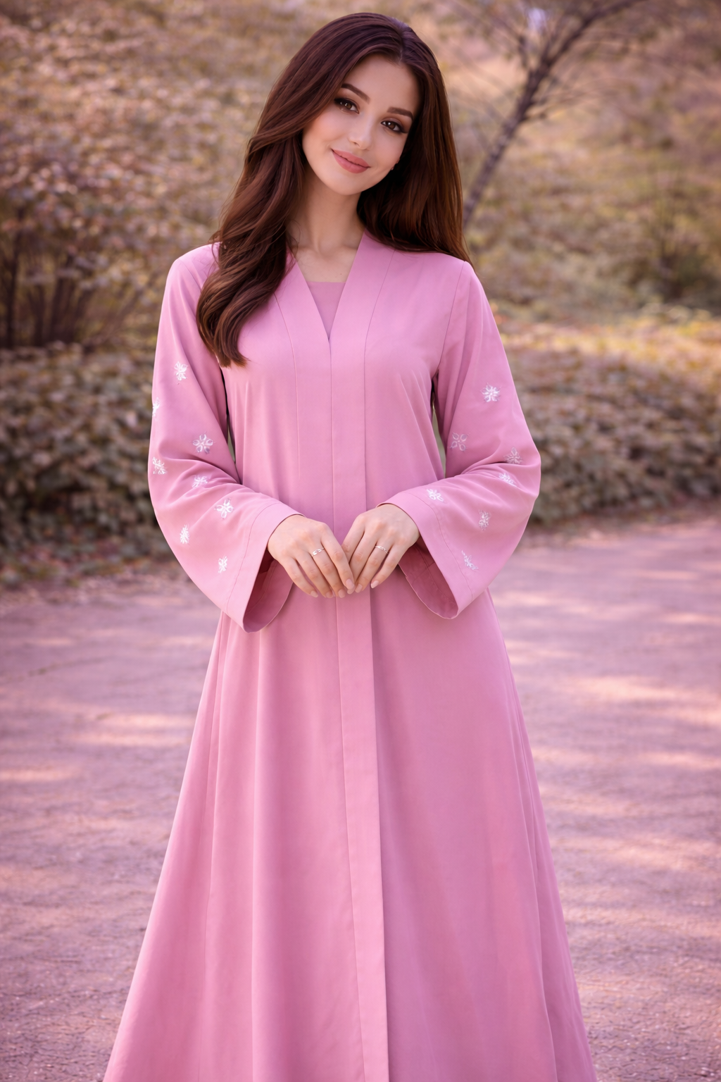 KIMONO BABY PINK PETAL – Premium Embroidered Kimono Style Abaya | V Neck | Without Hijab | Free Size | AARUH