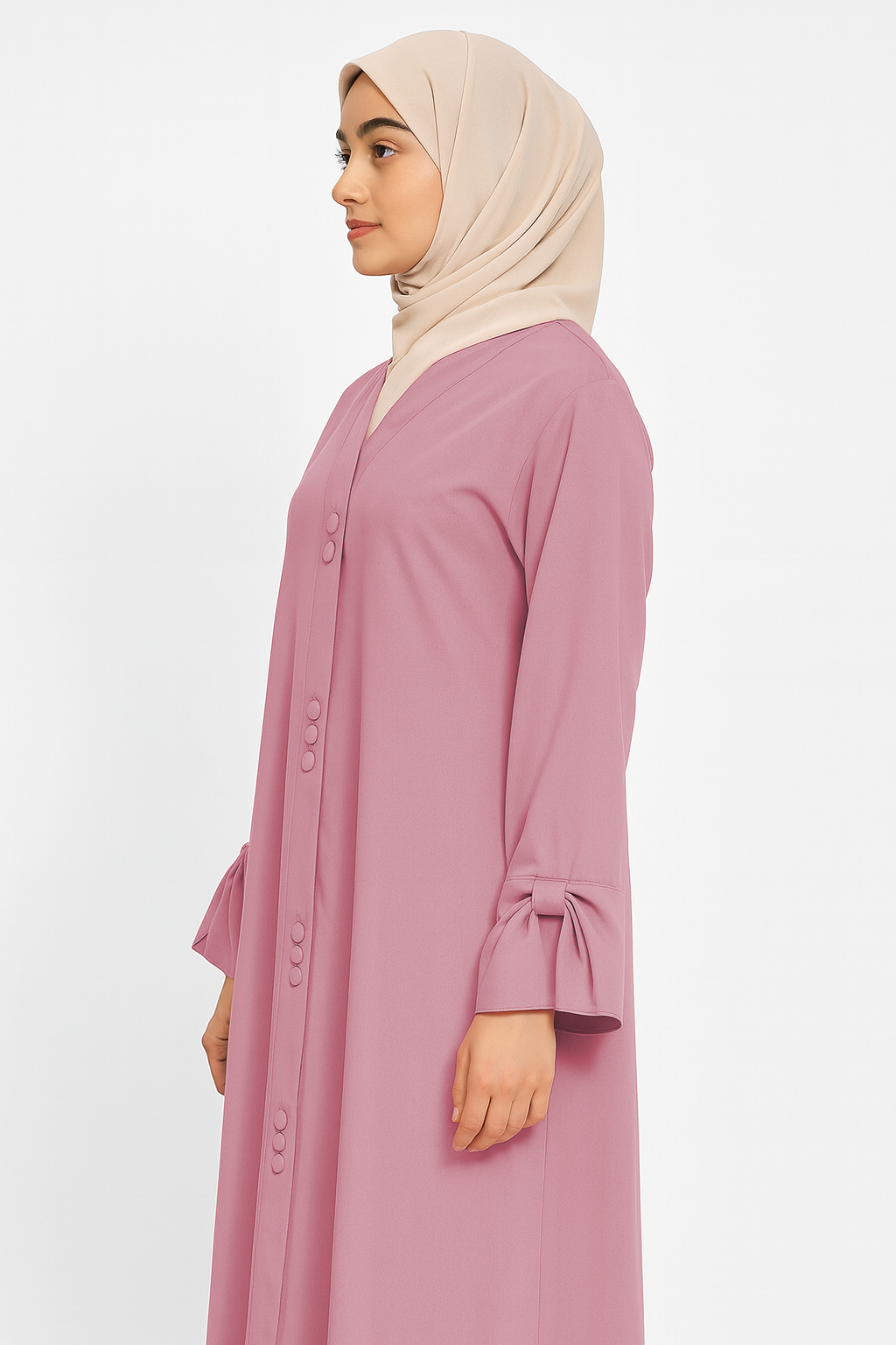 AARUH Baby Pink Button-Front Flared Abaya with V-Neck & Statement Sleeves