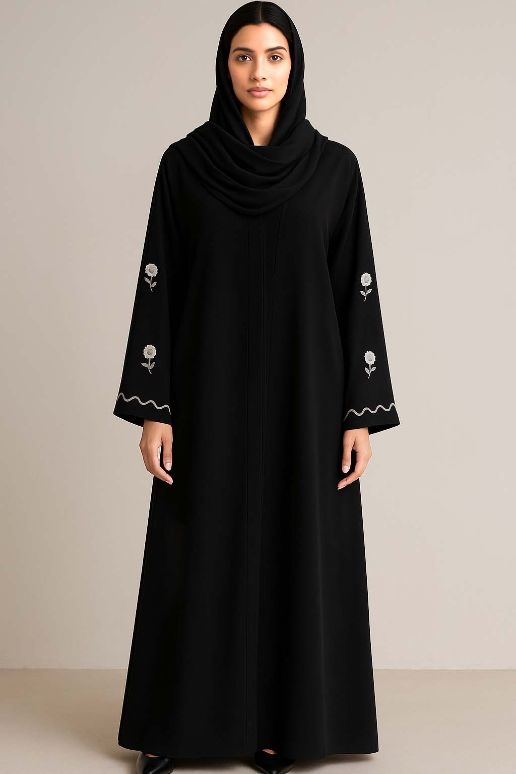 WAVES WHITE – Premium Black Embroidered Abaya with Matching Hijab | V-Neck | Free Size | AARUH