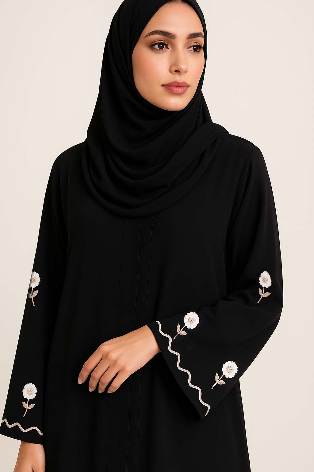 WAVES WHITE – Premium Black Embroidered Abaya with Matching Hijab | V-Neck | Free Size | AARUH