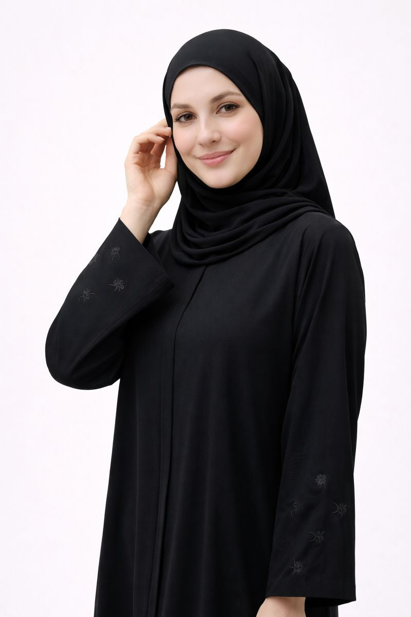 BLOOM BLACK – Premium Black Floral Embroidered Abaya with Hijab | Free Size | AARUH